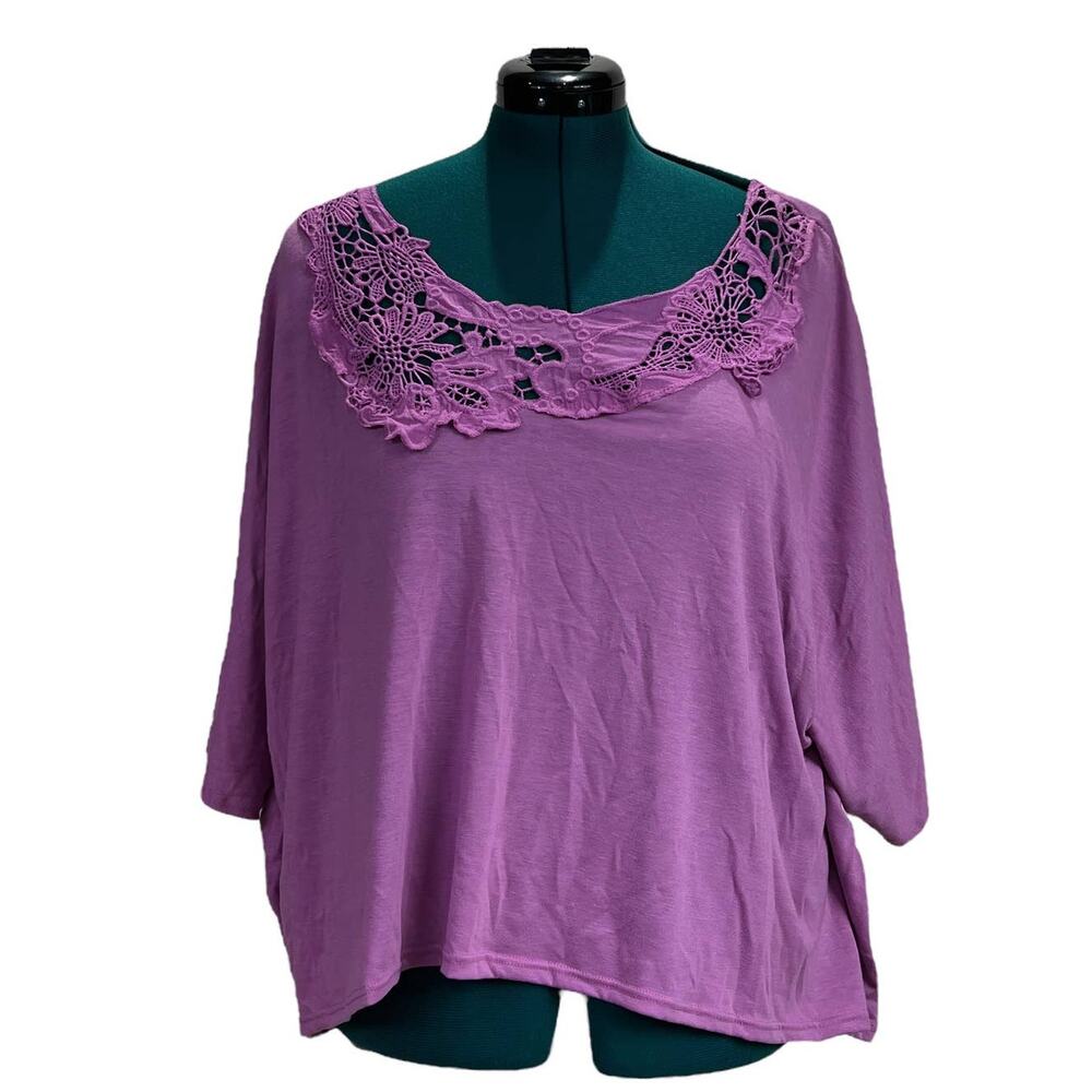 Luv Me More Embellished Crochet Neck Hi Lo Loose Tee Shirt Top Plus Size 3X Pink